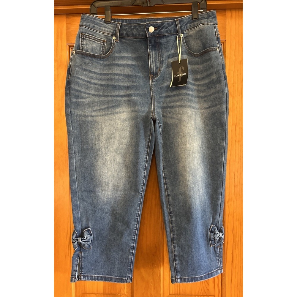Flamingals Women's Barrel Jeans Cropped Jeans With Bows Sz 2XL